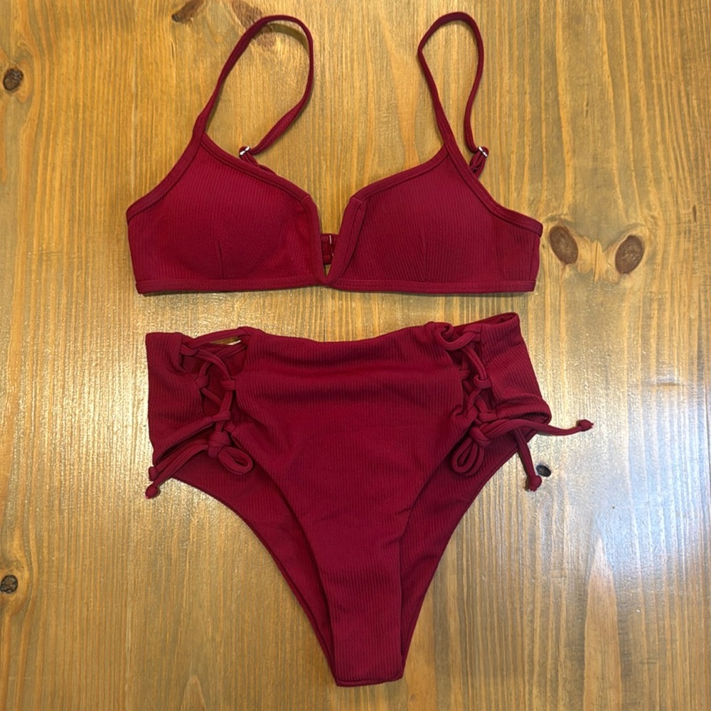 Zaful Crimson Red textured high waisted tie side Bikini 6 - Medium - NWOT